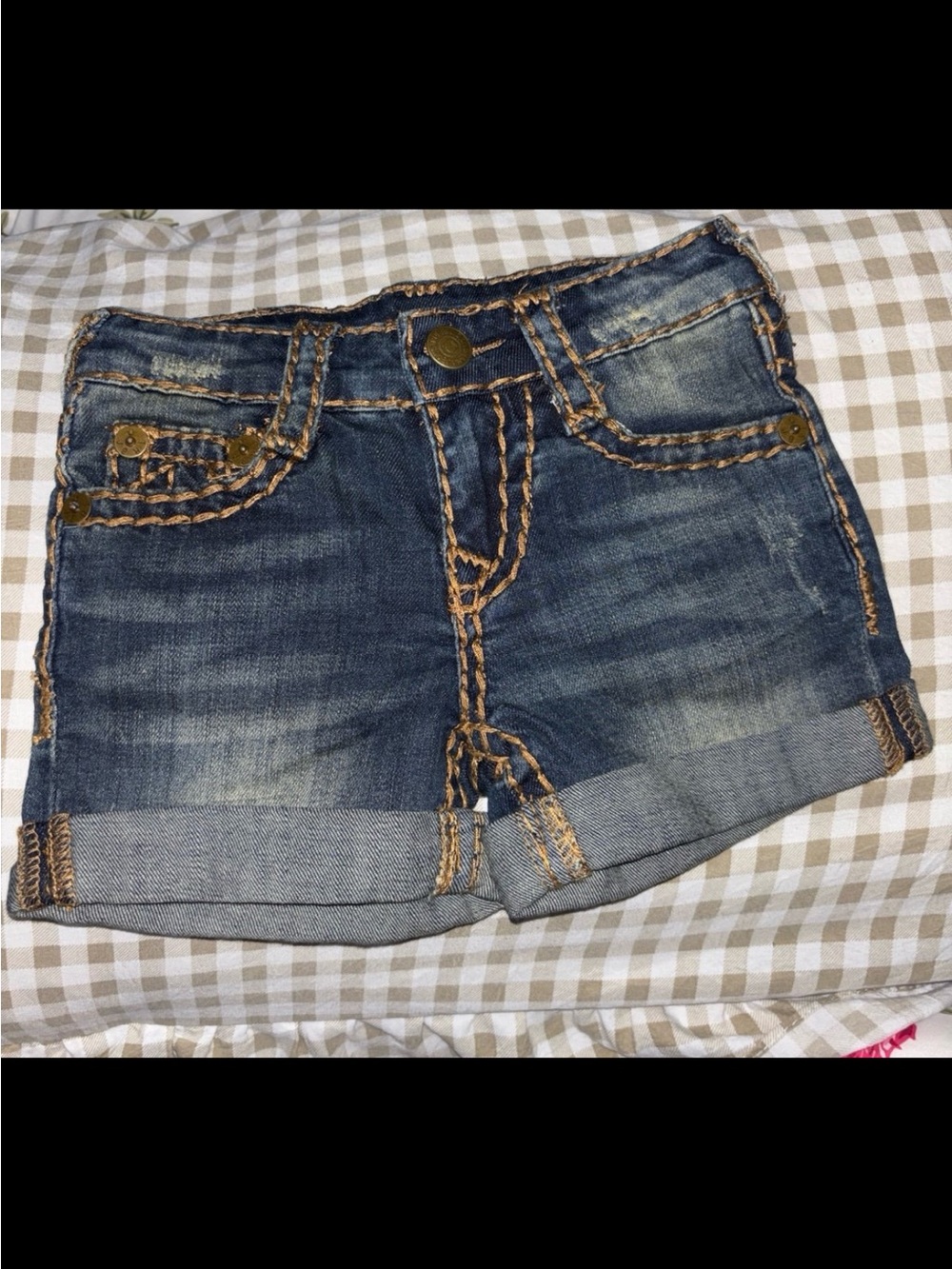 True Religion Dark Blue Denim Shorts with Contrast Stitching